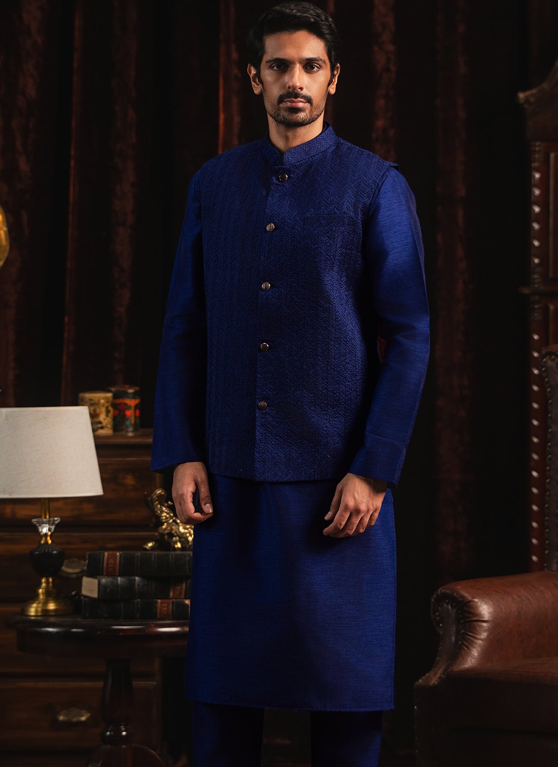 Blue Silk Nehru Jacket Set - Lashkaraa