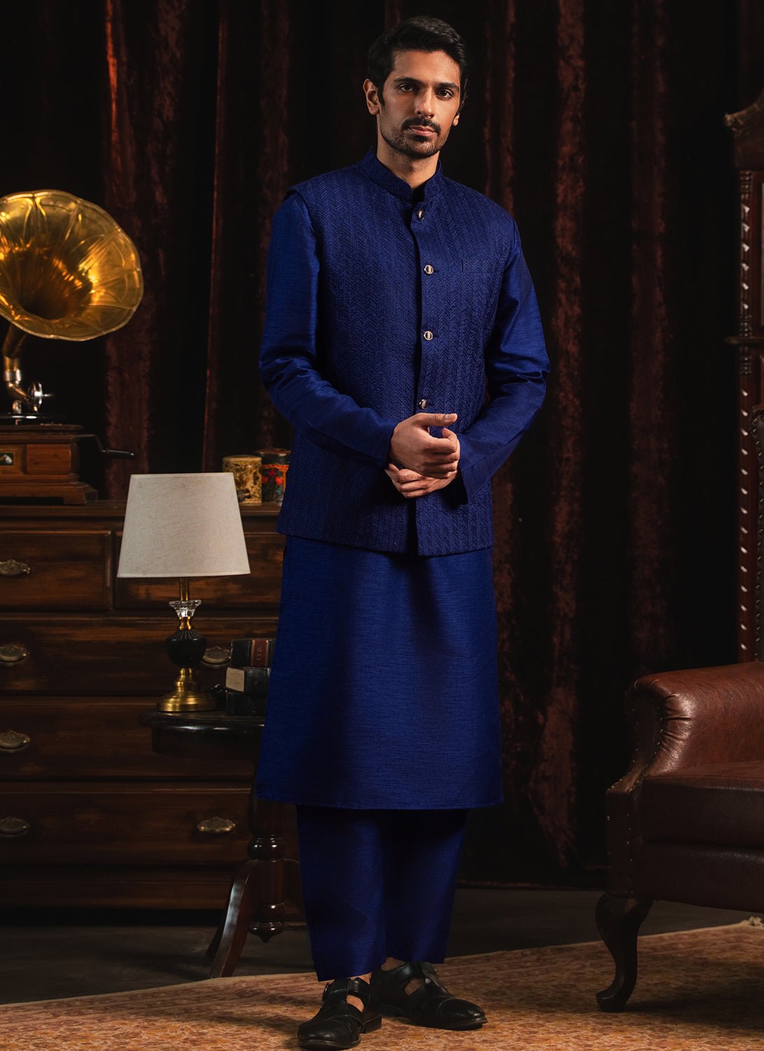 Blue Silk Nehru Jacket Set - Lashkaraa