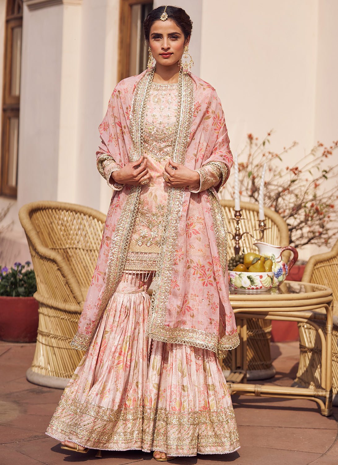 Blush Peach Floral Embroidered Gharara Suit - Lashkaraa