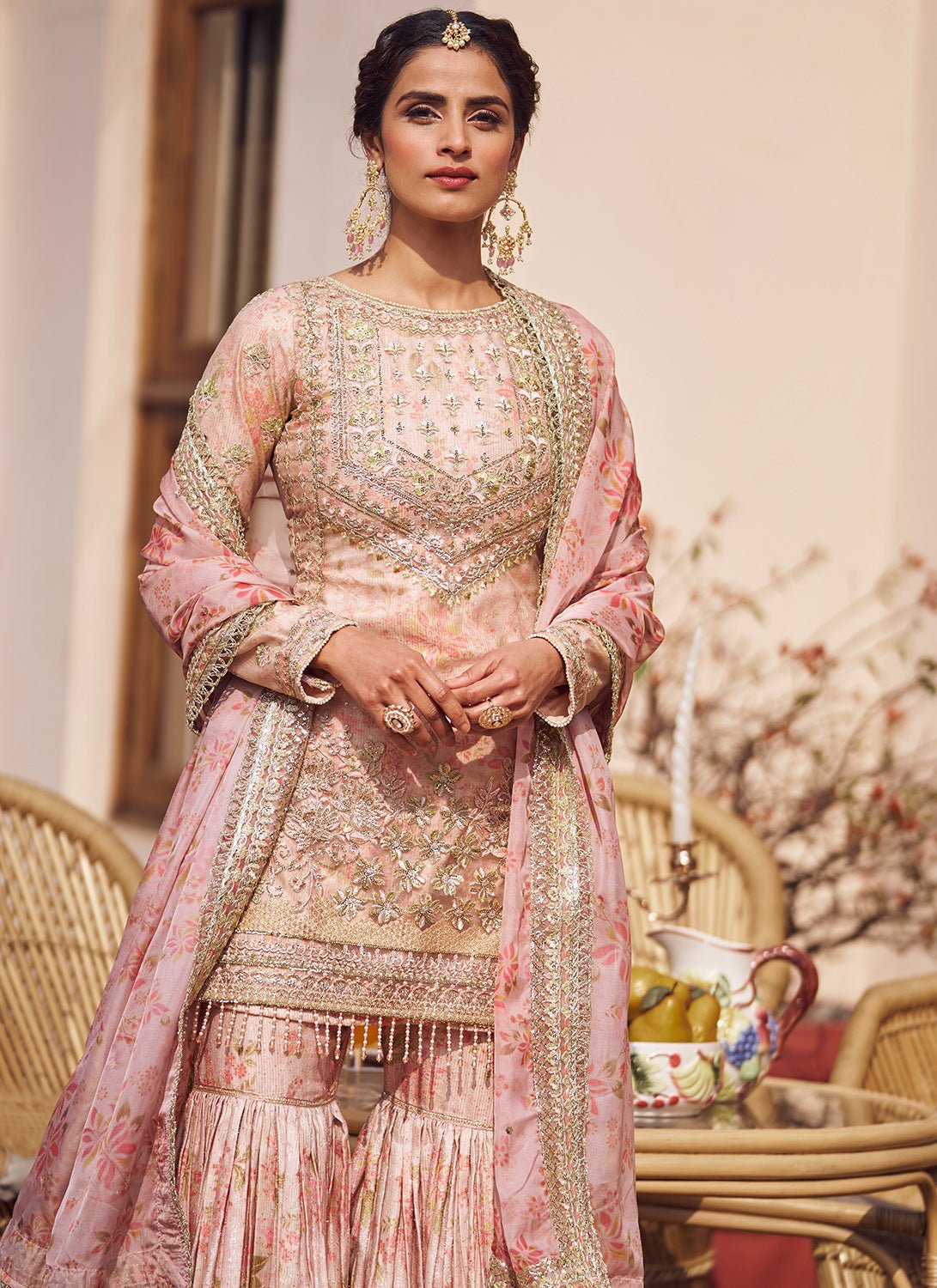 Blush Peach Floral Embroidered Gharara Suit - Lashkaraa