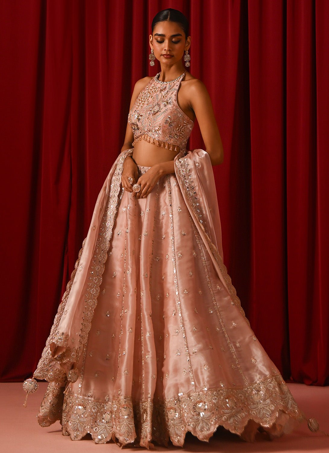 Blush Pink Embroidered Silk Lehenga - Lashkaraa