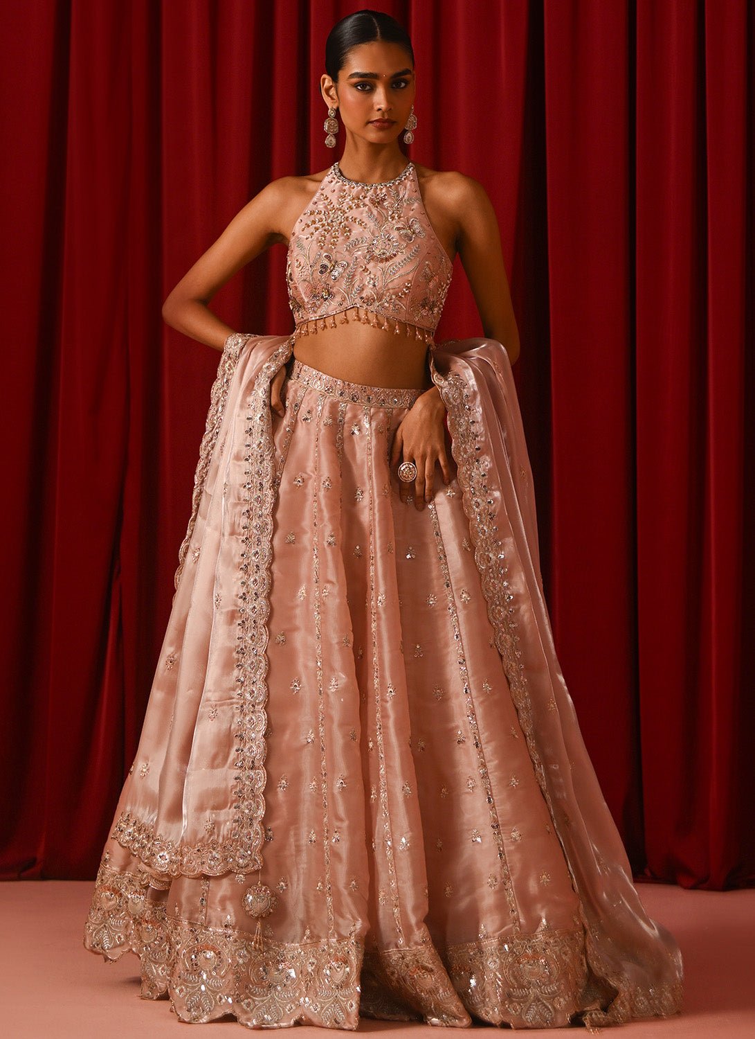 Blush Pink Embroidered Silk Lehenga - Lashkaraa