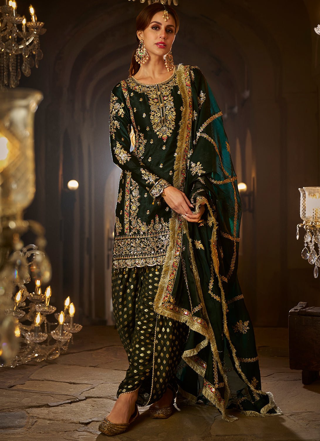 Bottle Green Embroidered Punjabi Suit - Lashkaraa