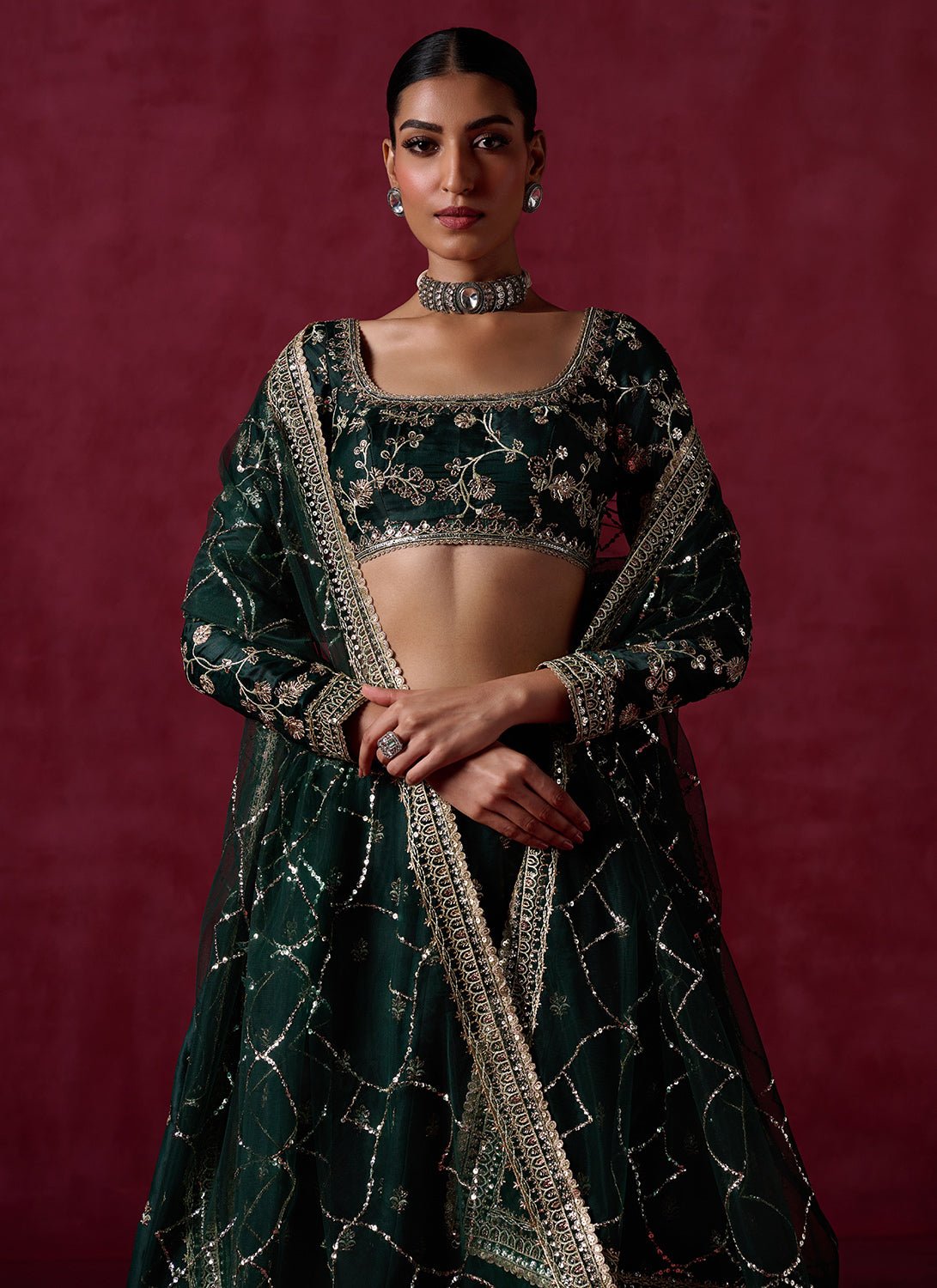 Bottle Green Embroidered Silk Lehenga - Lashkaraa