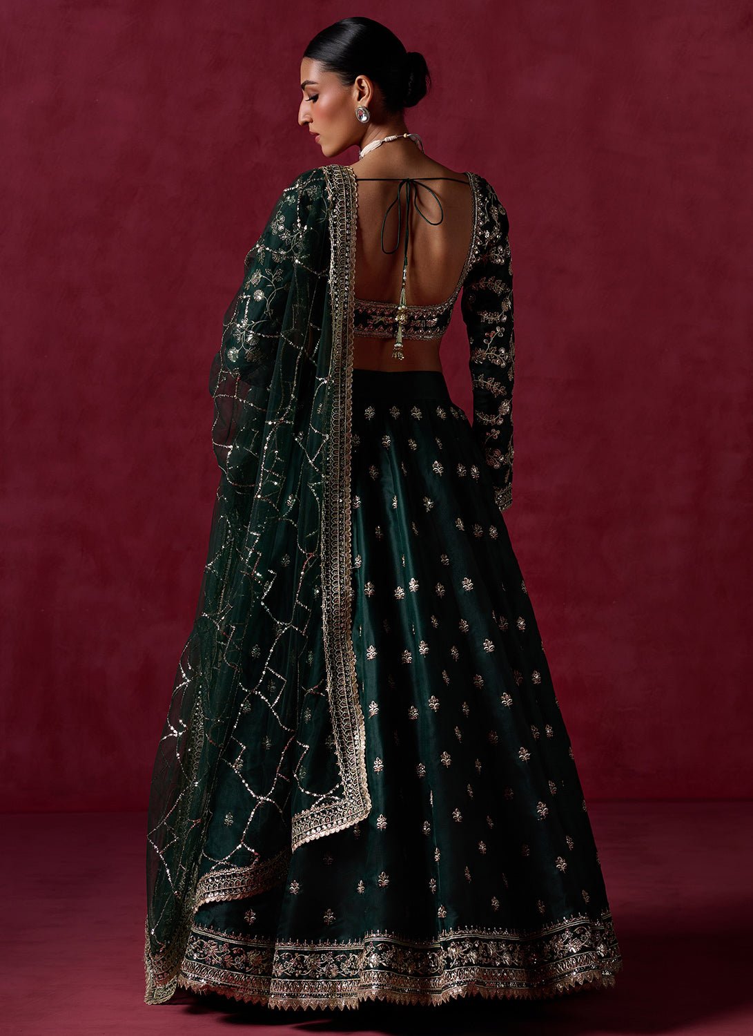 Bottle Green Embroidered Silk Lehenga - Lashkaraa