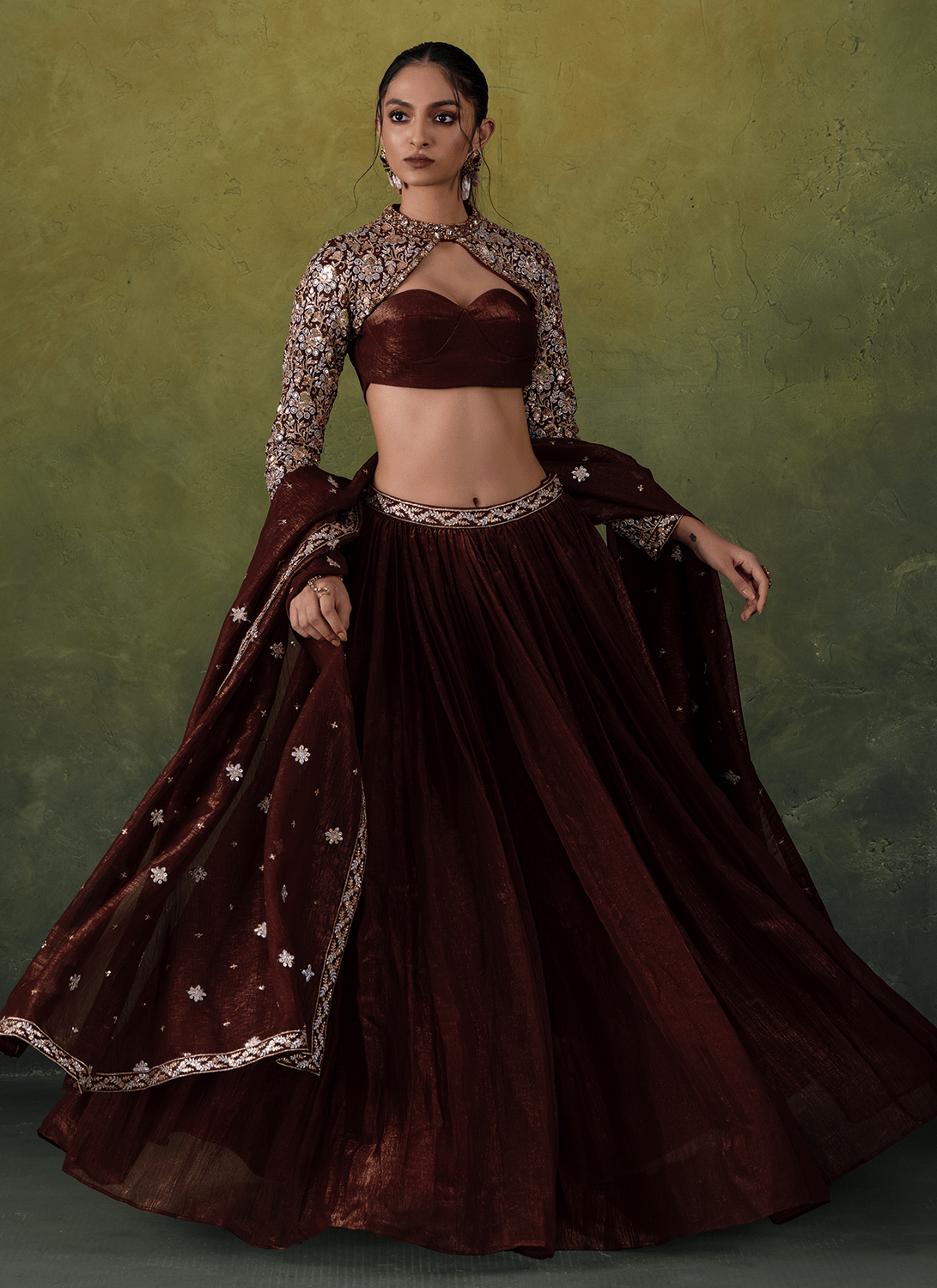 Brown Embroidered Organza Lehenga - Lashkaraa