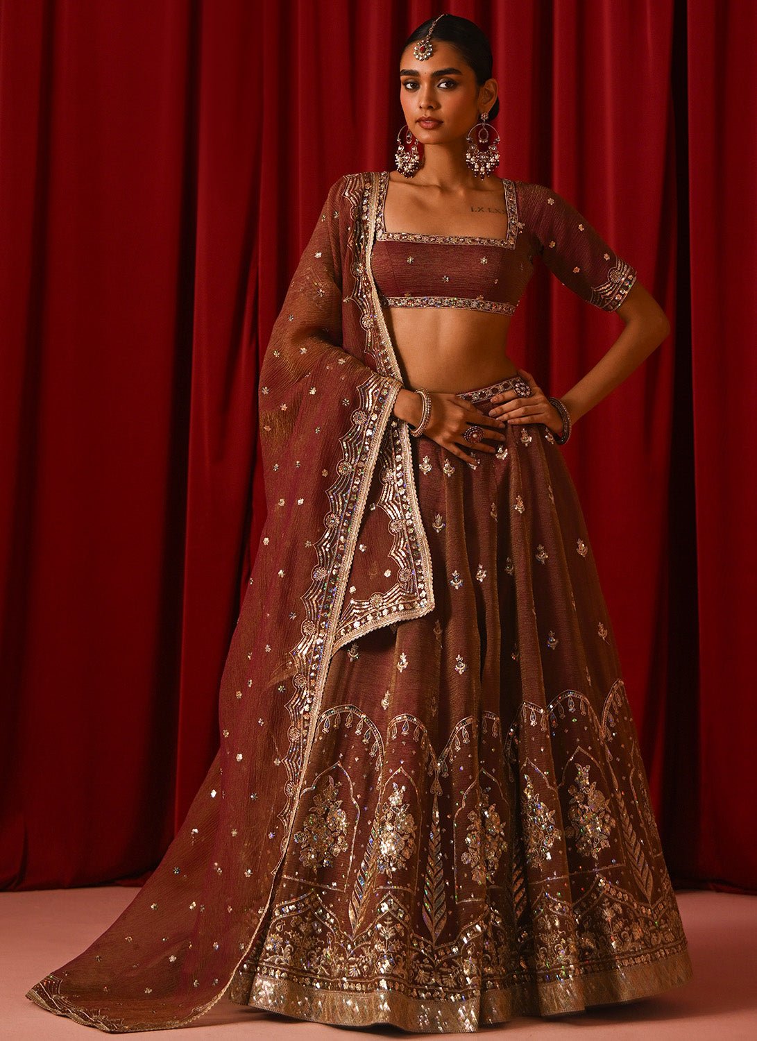 Brown Embroidered Tissue Lehenga - Lashkaraa