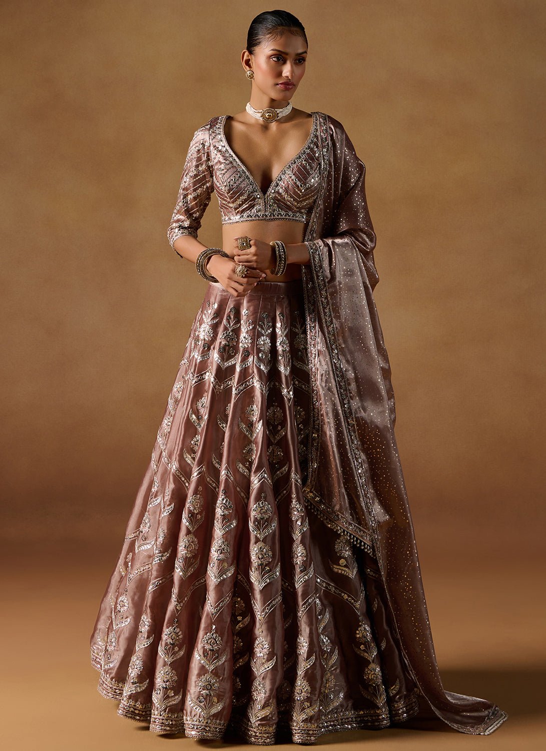 Brown Embroidered Tissue Lehenga - Lashkaraa