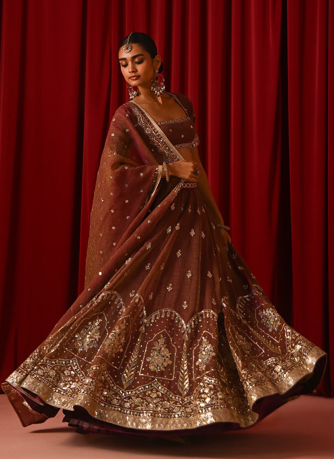 Brown Embroidered Tissue Lehenga - Lashkaraa