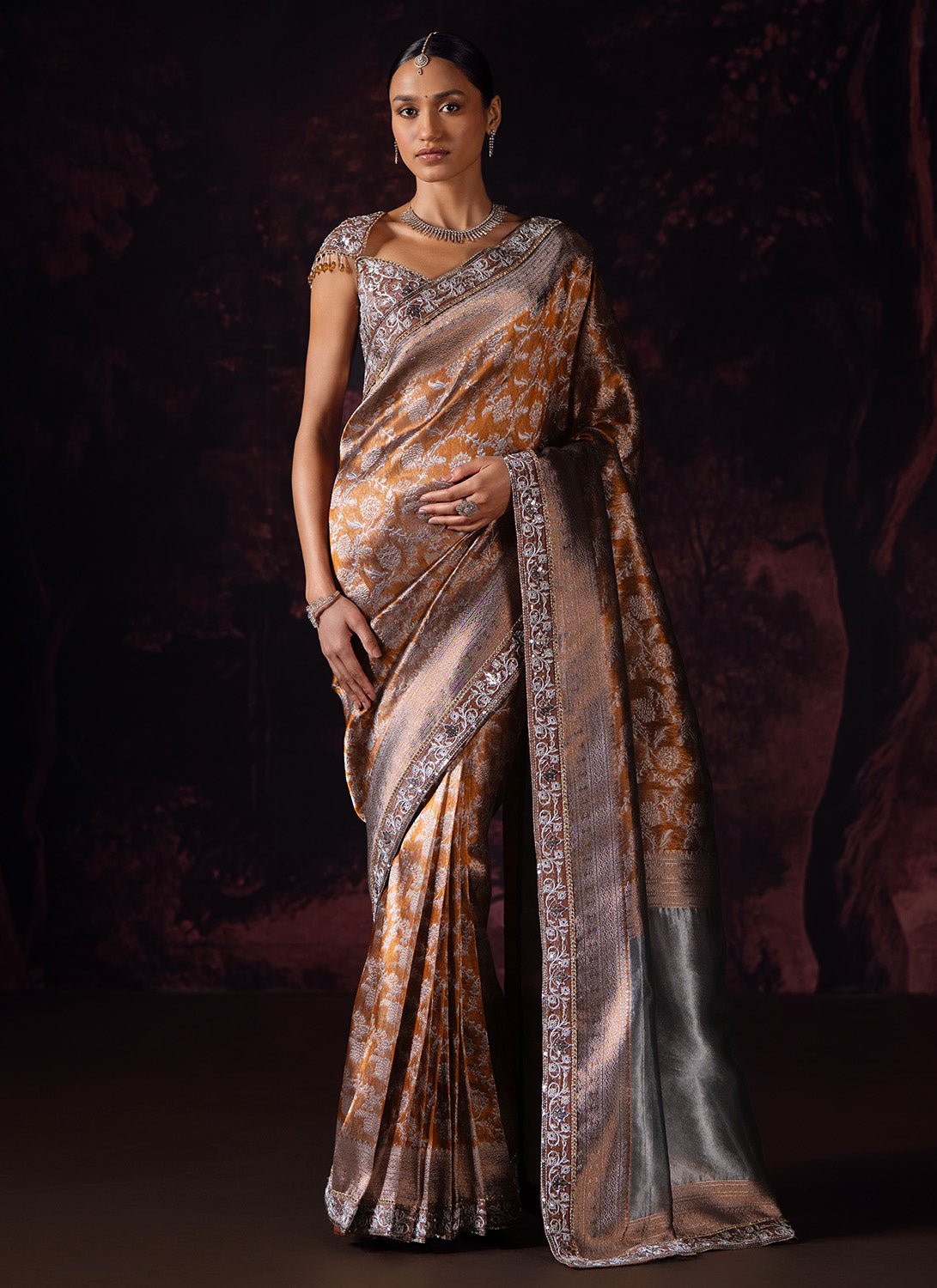 Brown Embroidered Tissue Saree - Lashkaraa