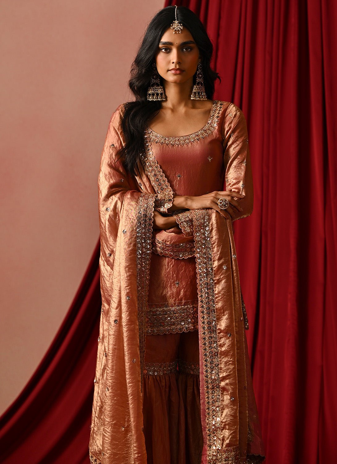 Copper Rose Embroidered Tissue Gharara - Lashkaraa
