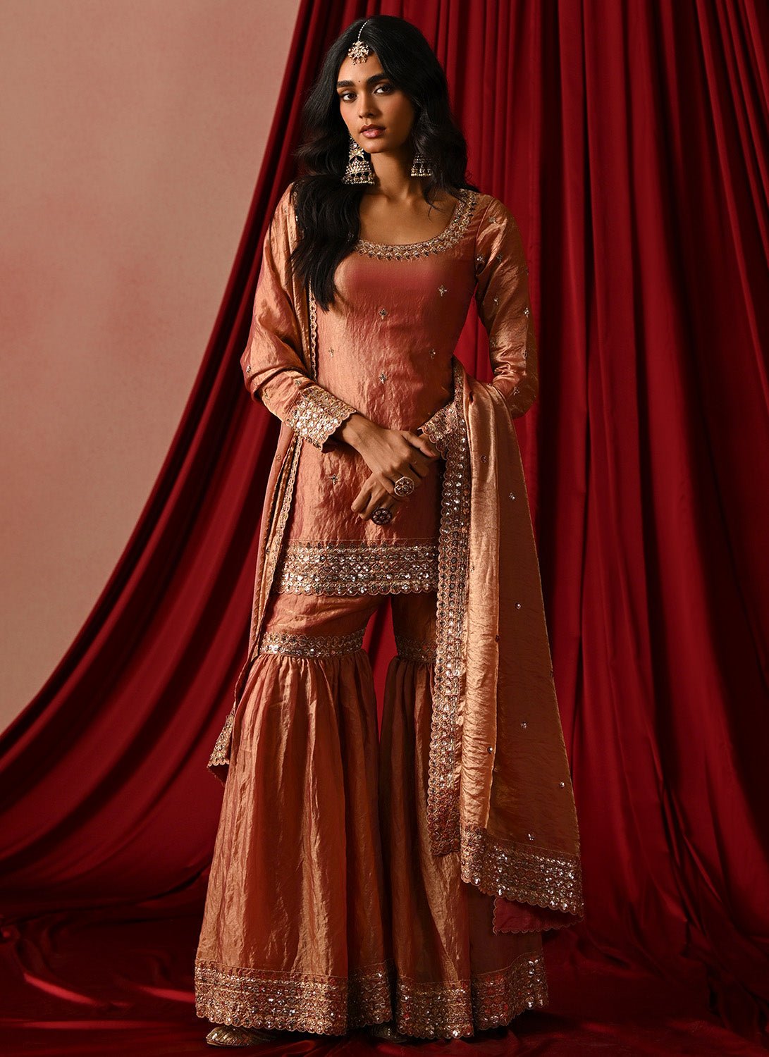 Copper Rose Embroidered Tissue Gharara - Lashkaraa