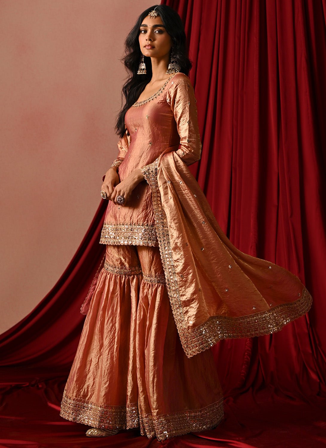 Copper Rose Embroidered Tissue Gharara - Lashkaraa