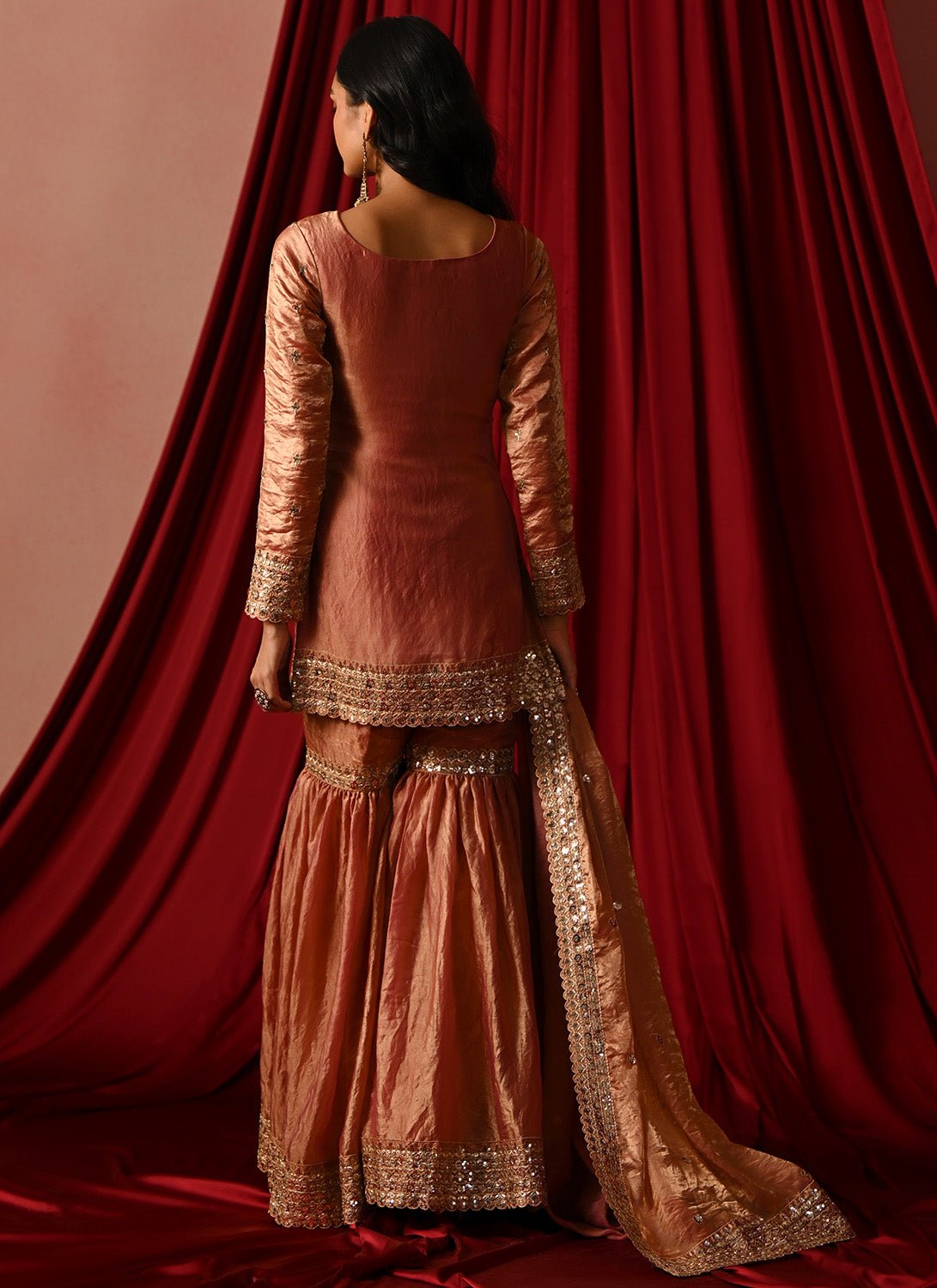 Copper Rose Embroidered Tissue Gharara - Lashkaraa