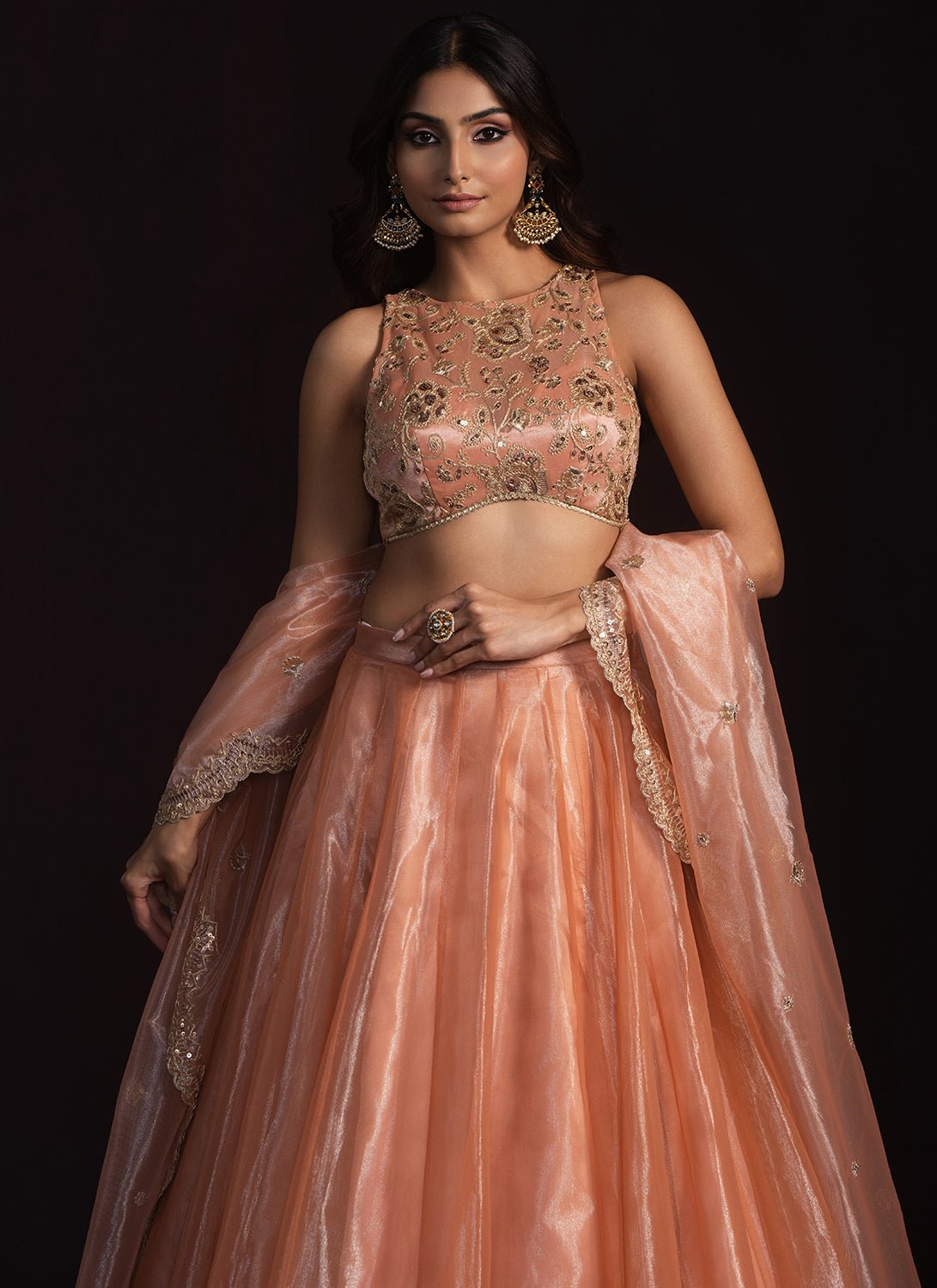 Coral Embroidered Crepe Lehenga - Lashkaraa