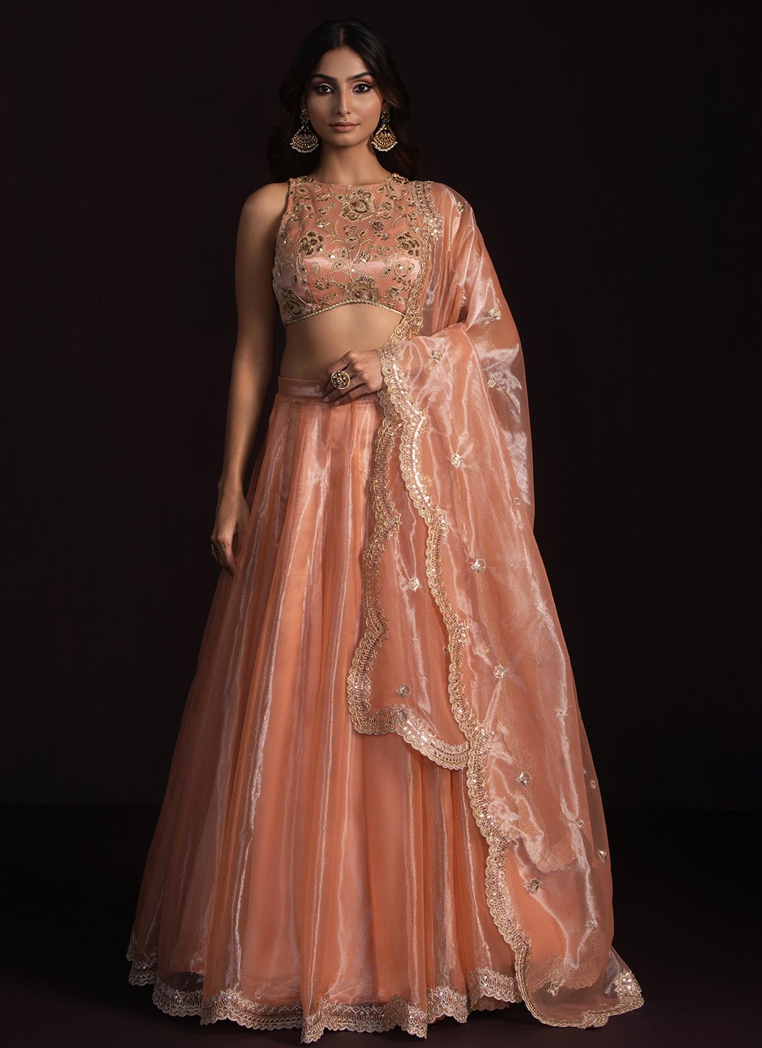 Coral Embroidered Crepe Lehenga - Lashkaraa