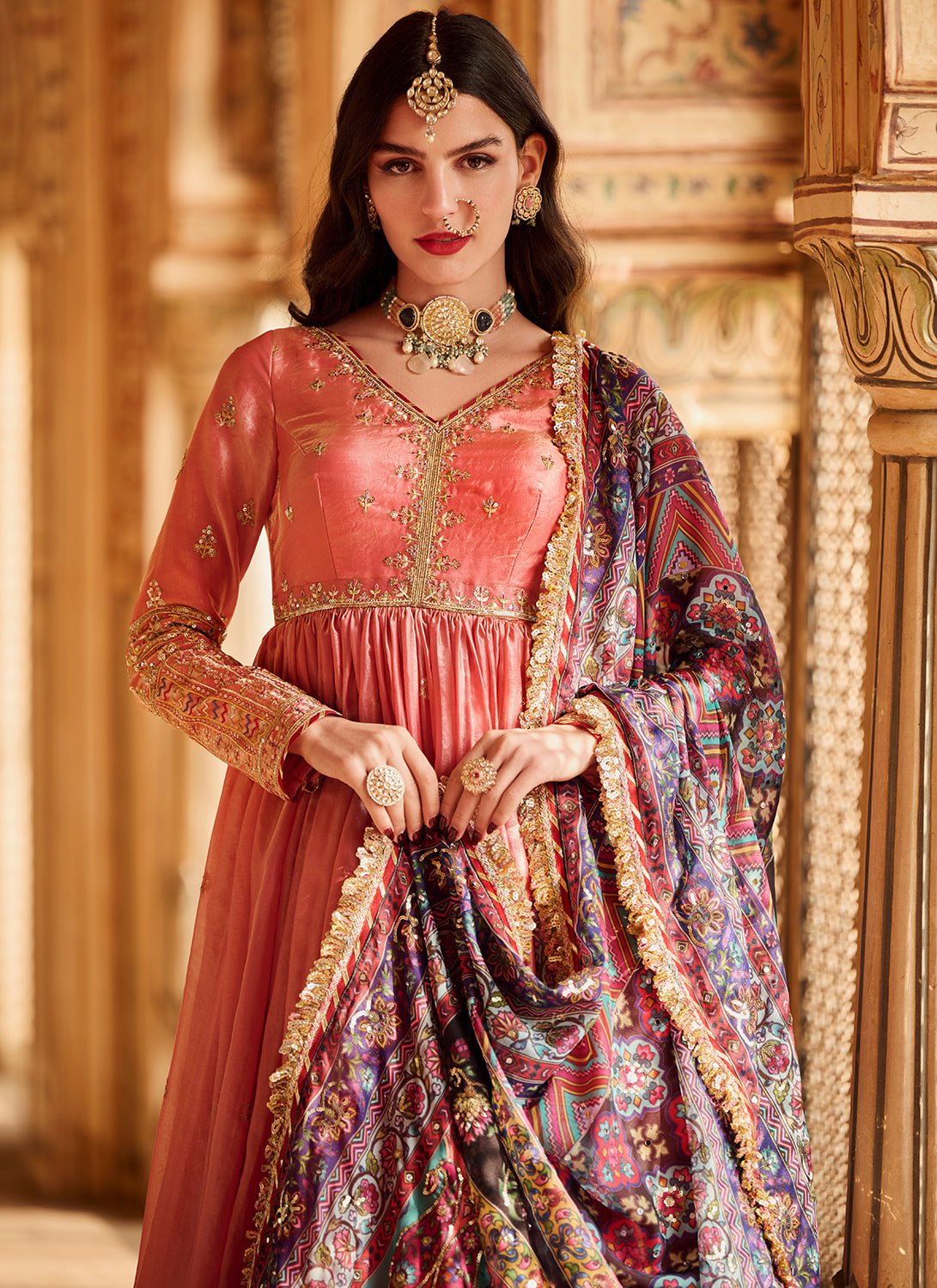 Coral Embroidered Silk Anarkali - Lashkaraa