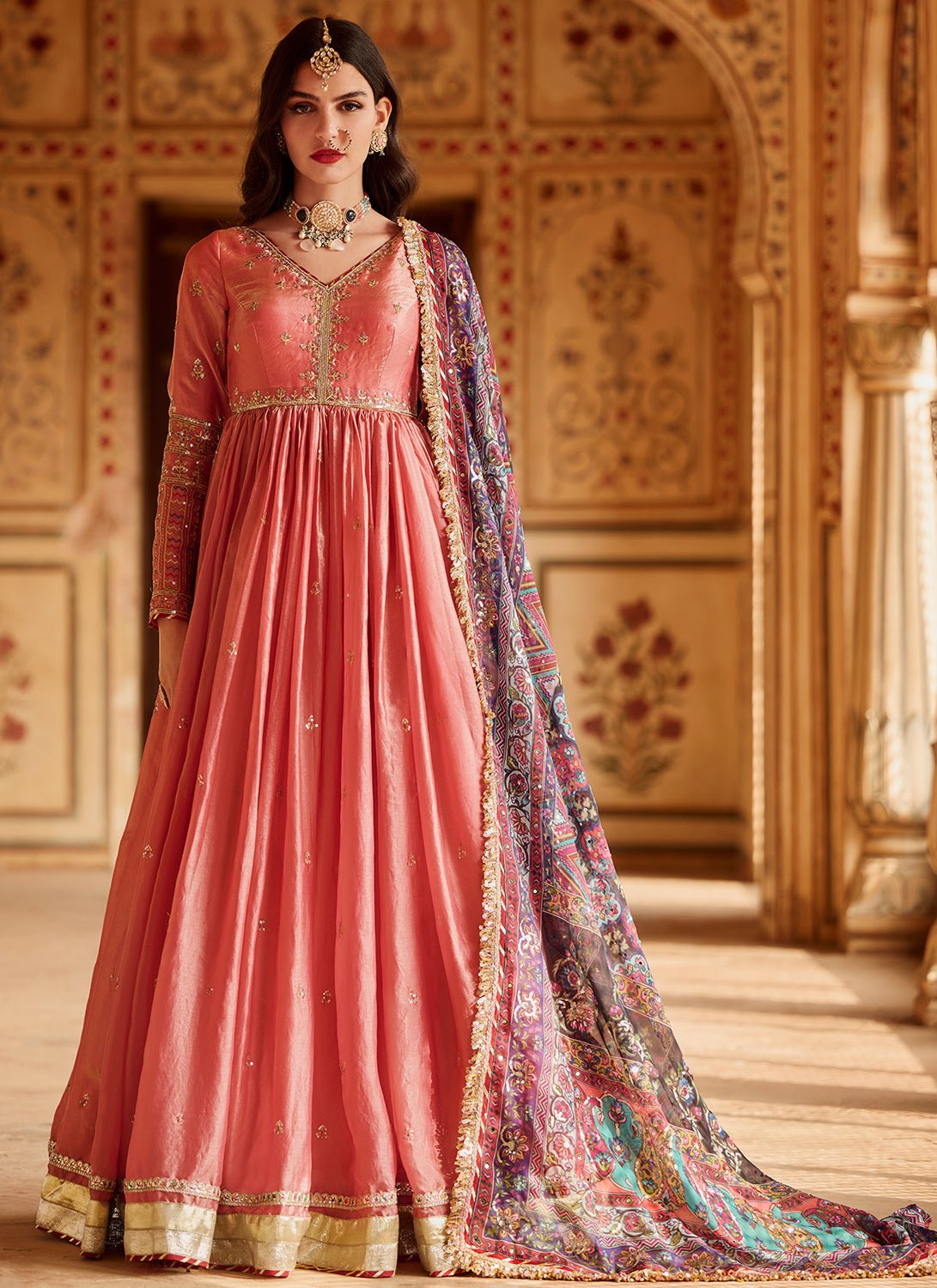 Coral Embroidered Silk Anarkali - Lashkaraa