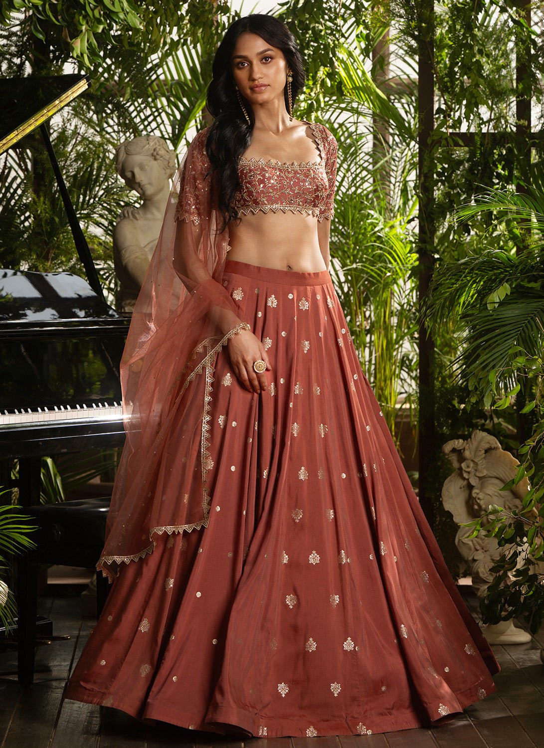Coral Embroidered Viscose Brocade Lehenga - Lashkaraa