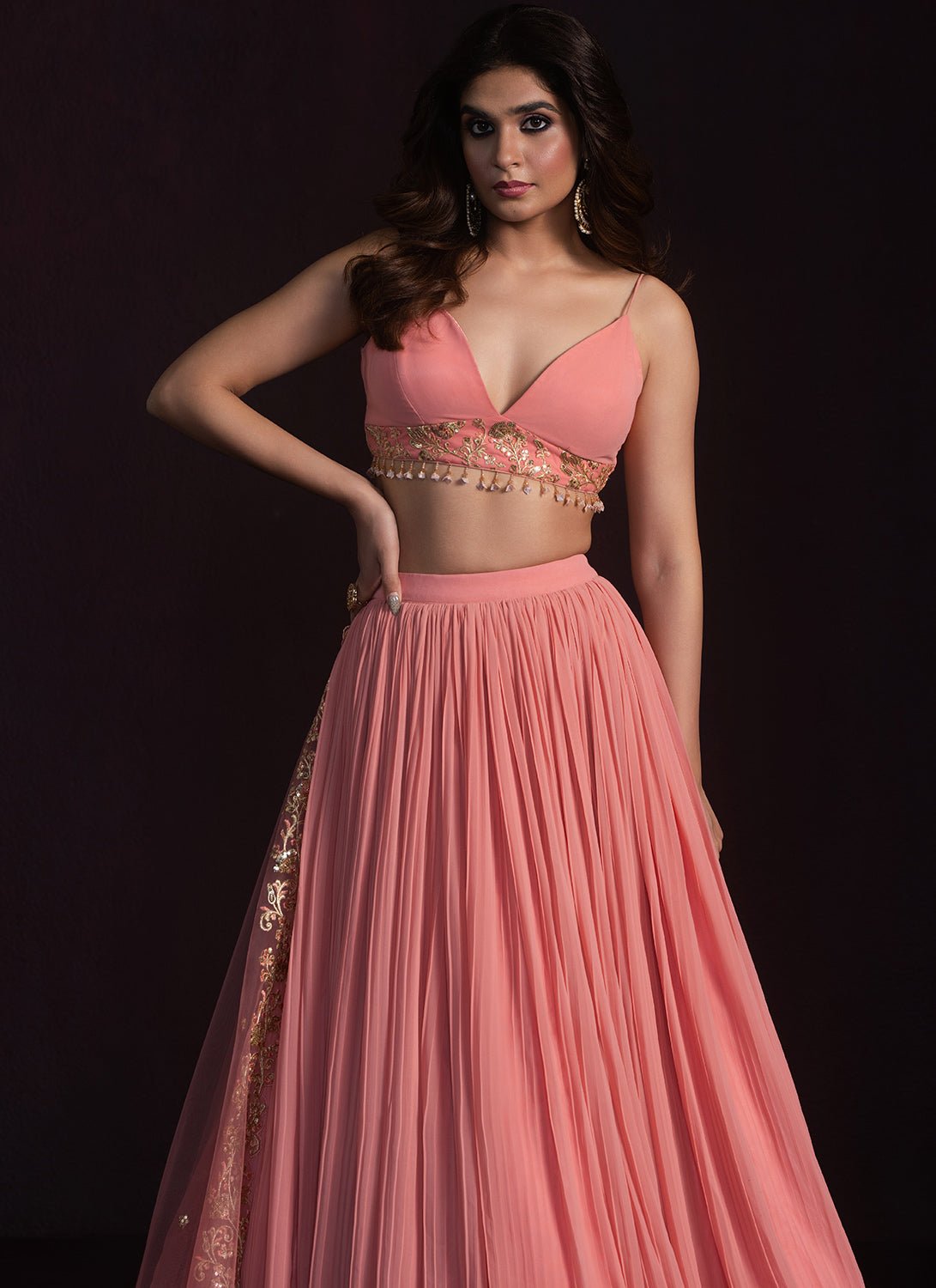 Coral Pink Embroidered Georgette Lehenga - Lashkaraa