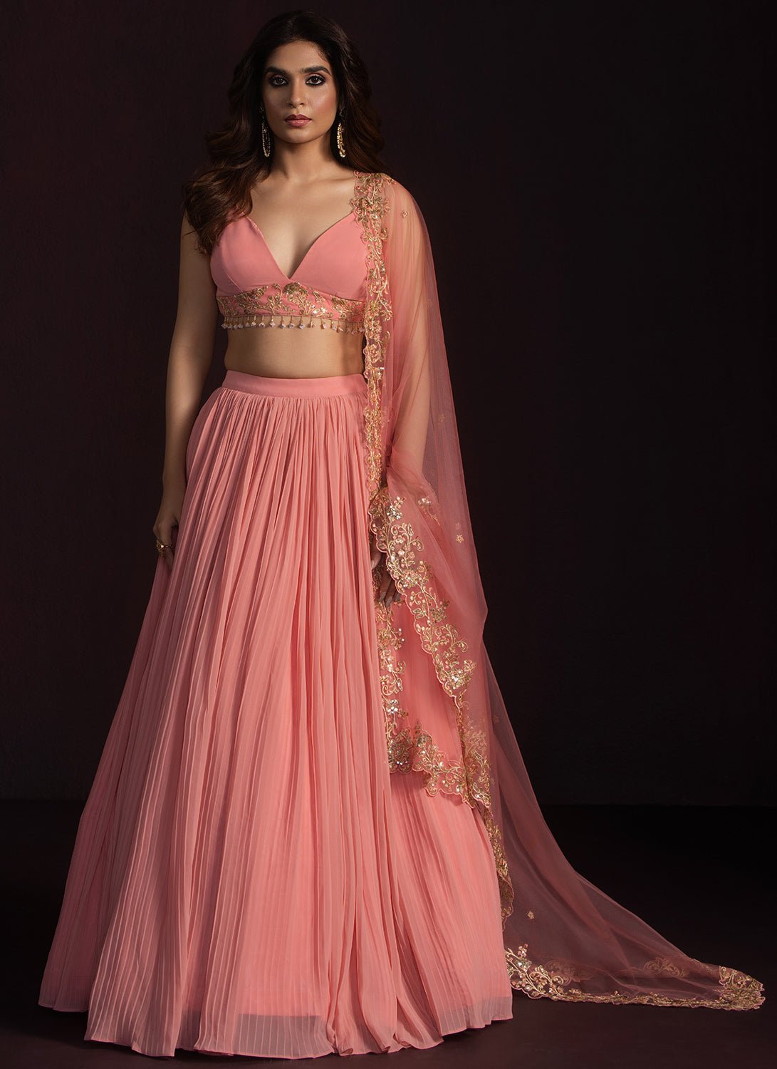 Coral Pink Embroidered Georgette Lehenga - Lashkaraa