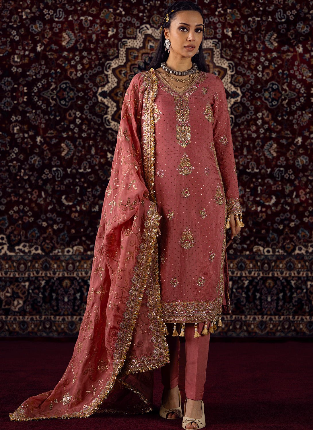 Coral Pink Embroidered Viscose Organza Straight Suit - Lashkaraa