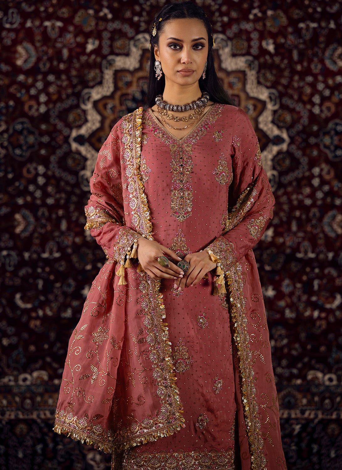 Coral Pink Embroidered Viscose Organza Straight Suit - Lashkaraa