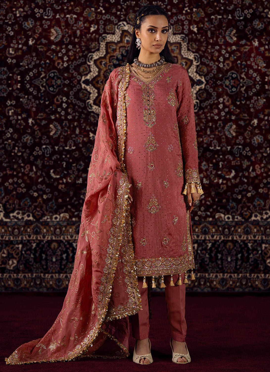 Coral Pink Embroidered Viscose Organza Straight Suit - Lashkaraa
