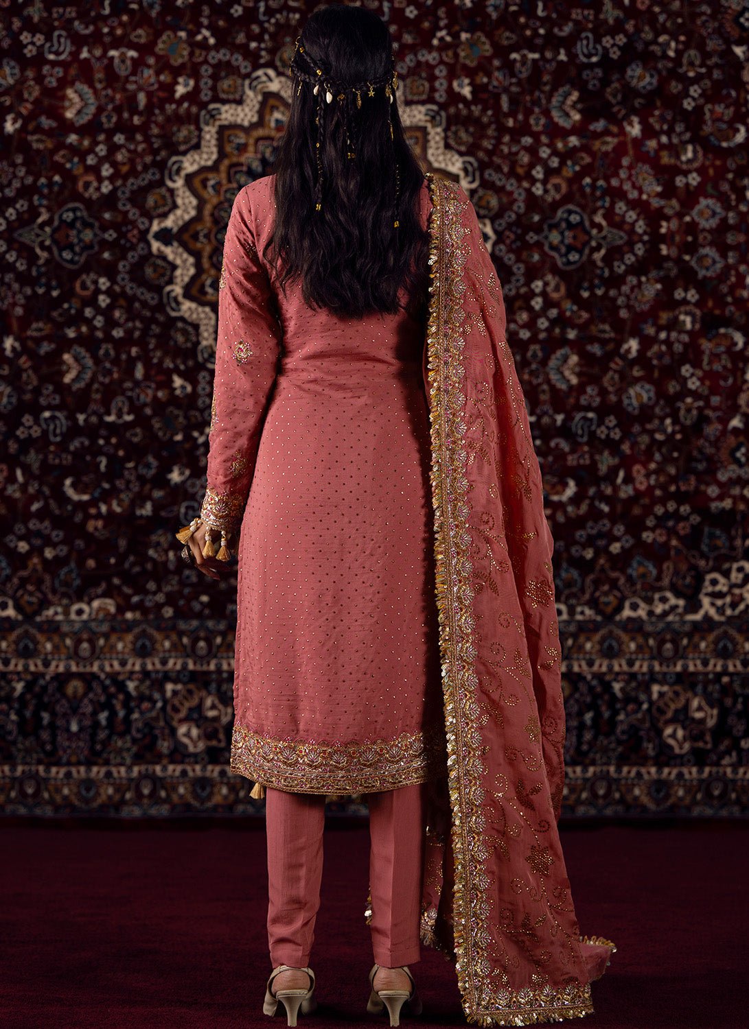Coral Pink Embroidered Viscose Organza Straight Suit - Lashkaraa