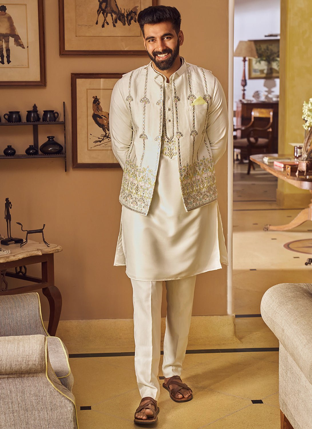 Cream and Gold Embroidered Jacket Set - Lashkaraa