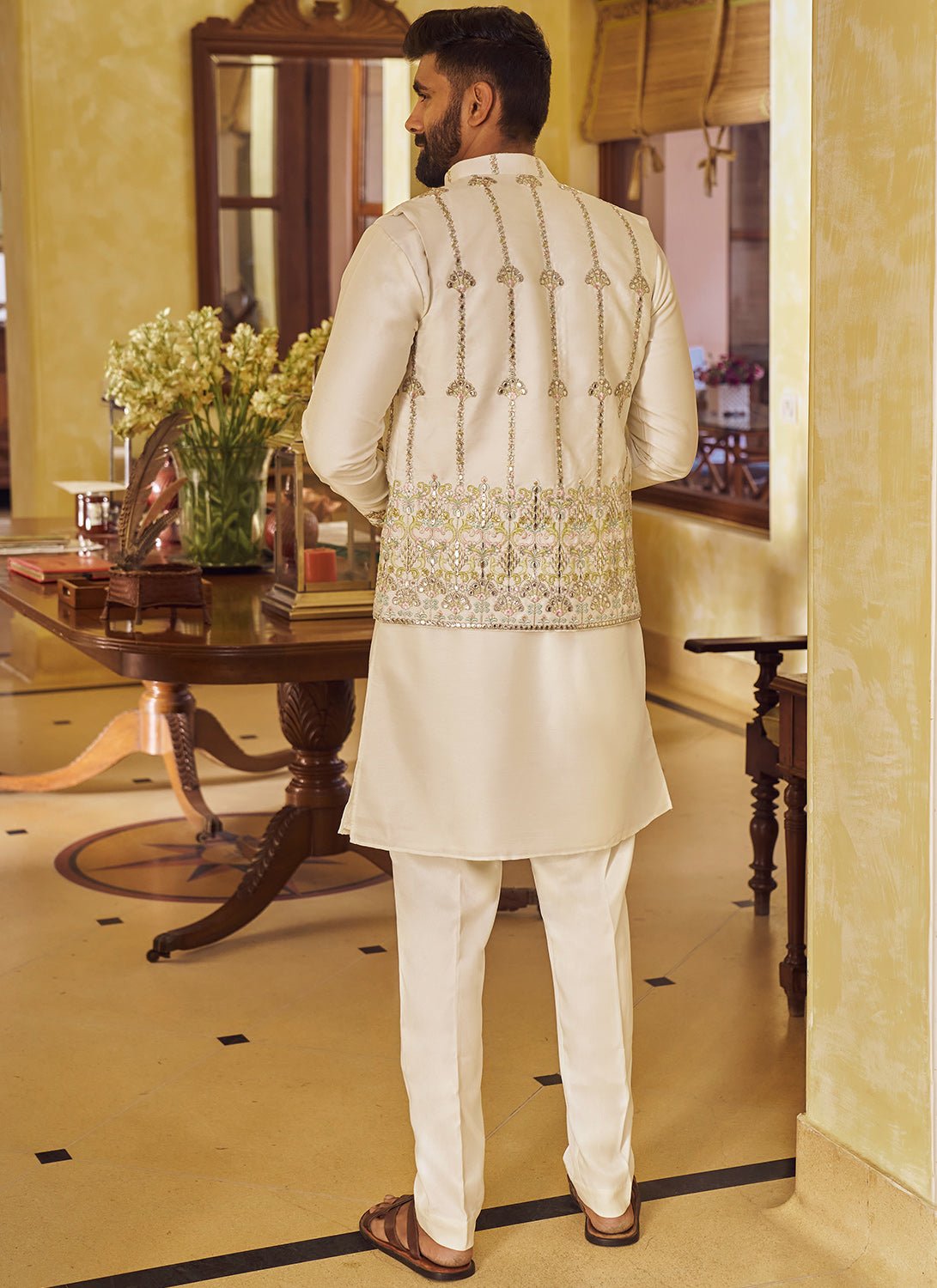 Cream and Gold Embroidered Jacket Set - Lashkaraa