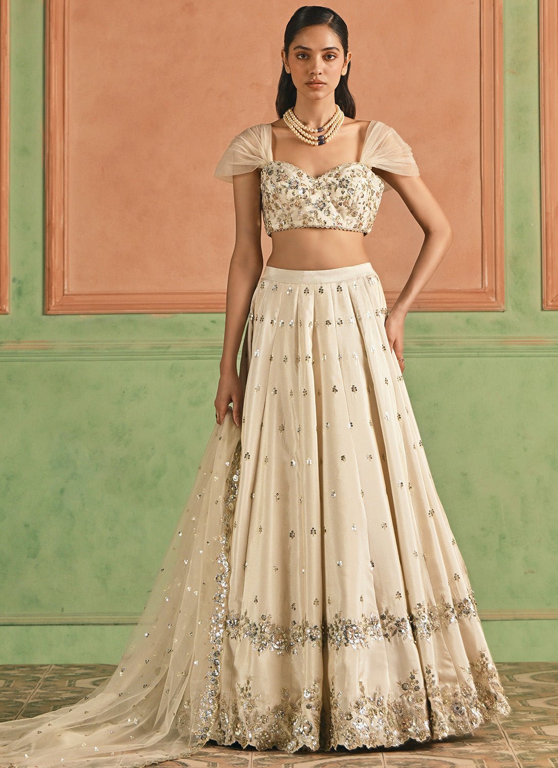 Cream Embroidered Viscose Tissue Lehenga - Lashkaraa