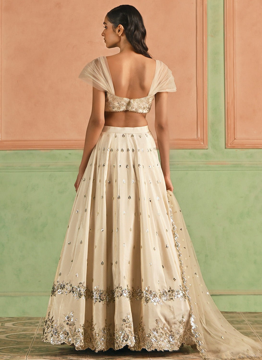 Cream Embroidered Viscose Tissue Lehenga - Lashkaraa
