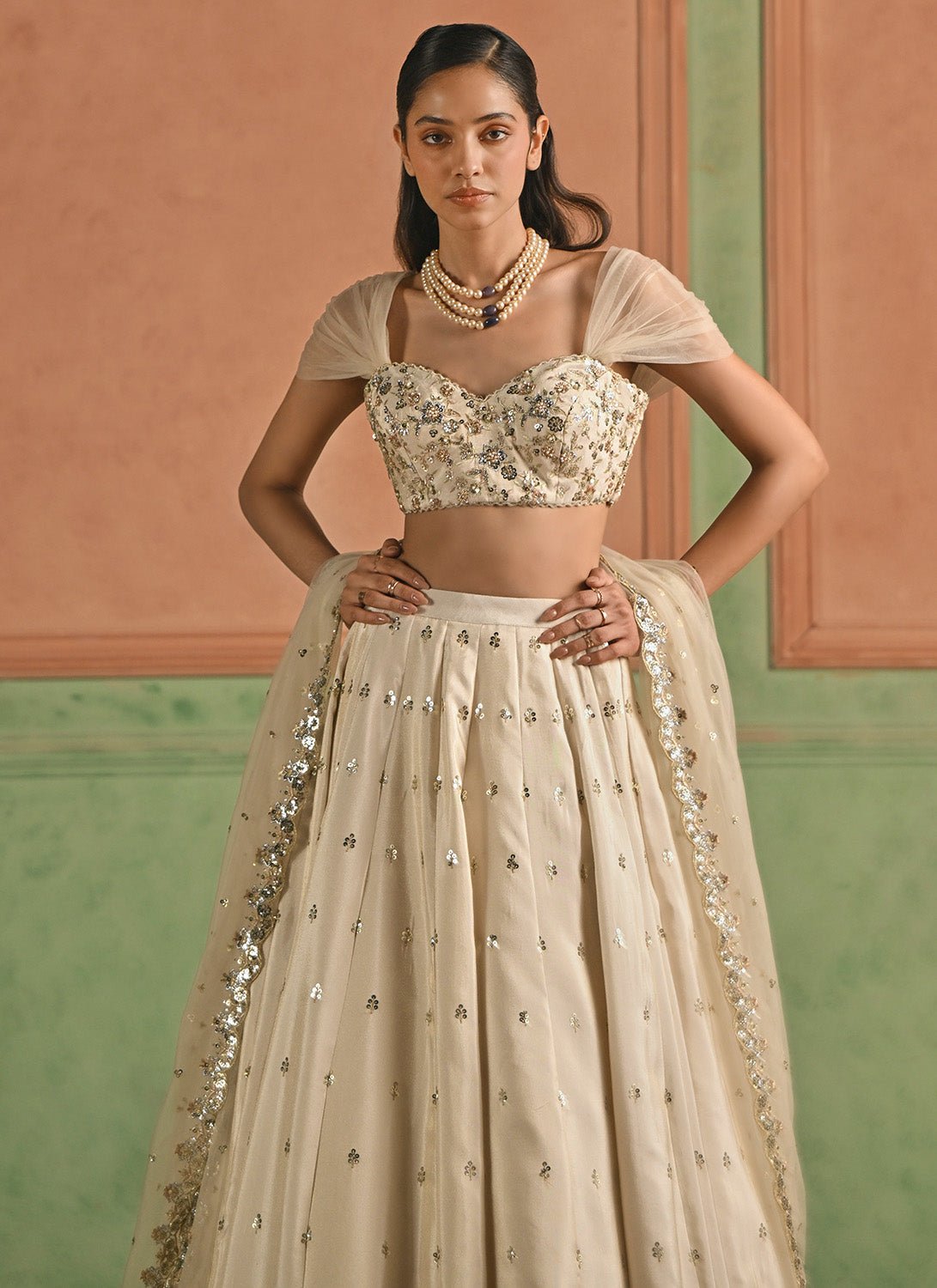 Cream Embroidered Viscose Tissue Lehenga - Lashkaraa