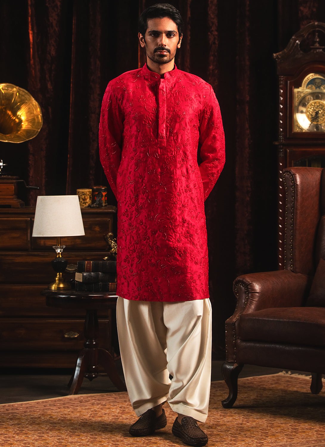 Crimson Embroidered Silk Kurta Set - Lashkaraa