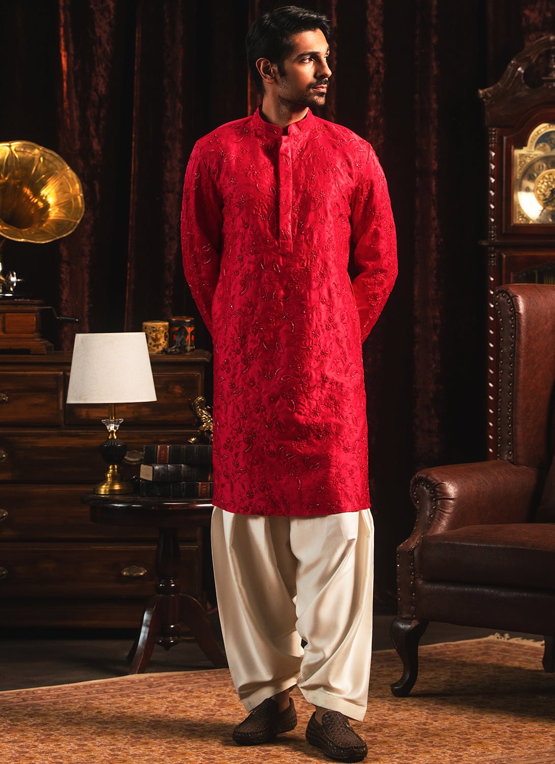 Crimson Embroidered Silk Kurta Set - Lashkaraa