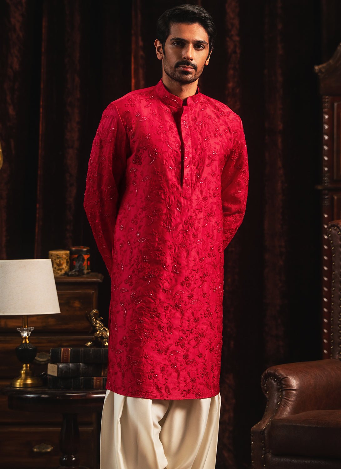 Crimson Embroidered Silk Kurta Set - Lashkaraa