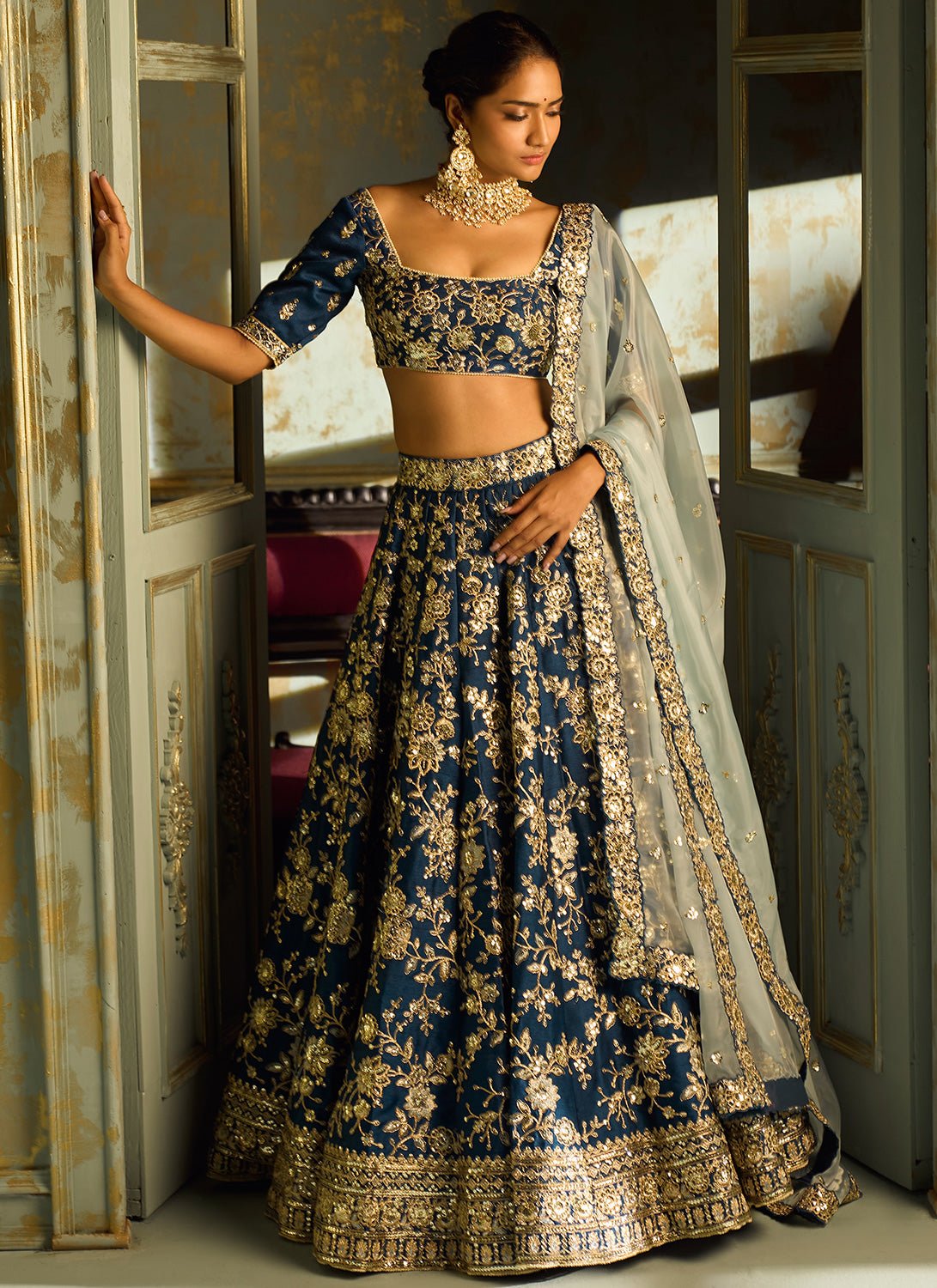 Dark Blue Embroidered Lehenga - Lashkaraa