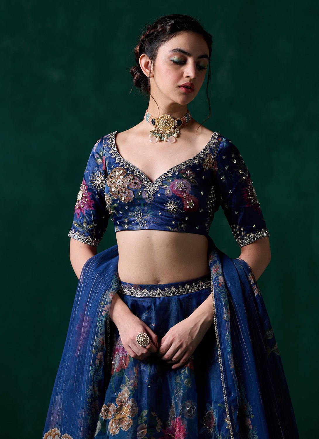 Dark Blue Multicolor Floral Printed Lehenga - Lashkaraa