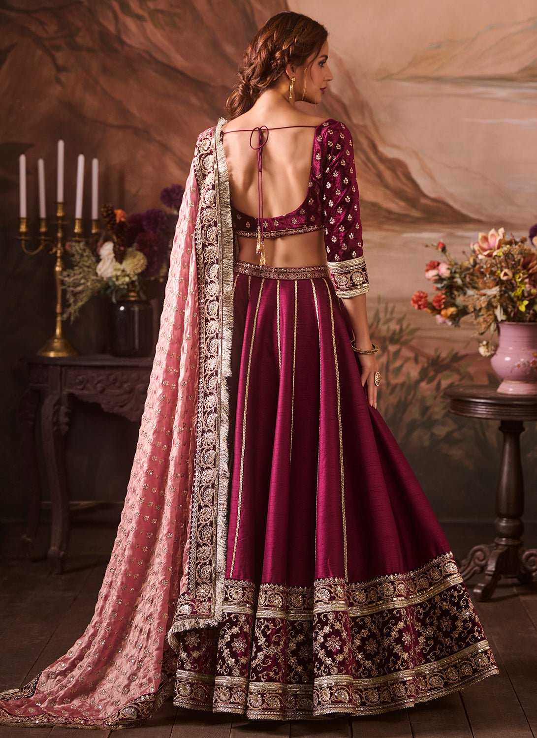 Dark Burgundy Embroidered Velvet Lehenga - Lashkaraa