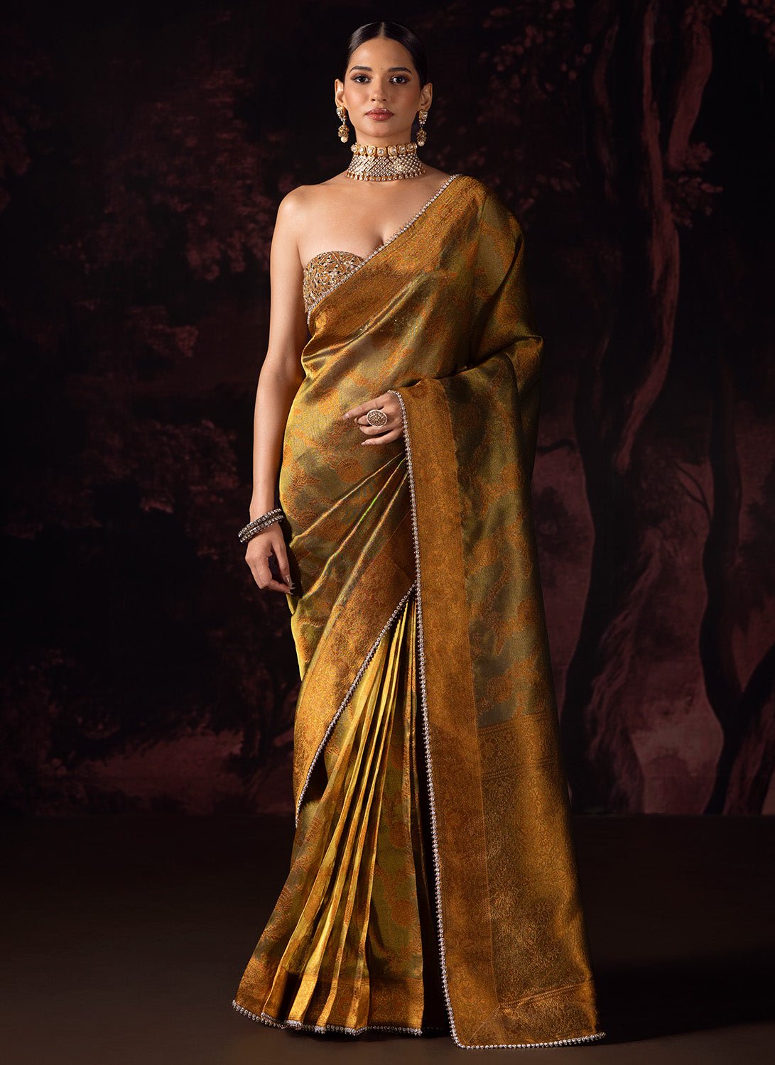 Dark Copper and Gold Embroidered Tissue Saree - Lashkaraa