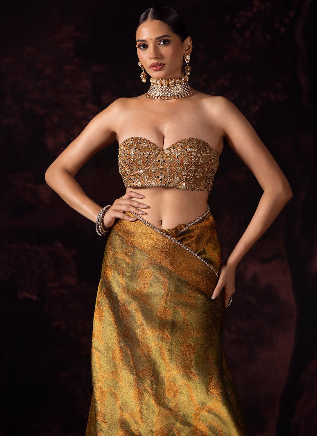 Dark Copper and Gold Embroidered Tissue Saree - Lashkaraa