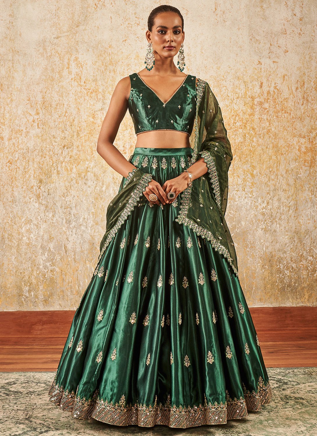 Dark Green Embroidered Lehenga Unstitched