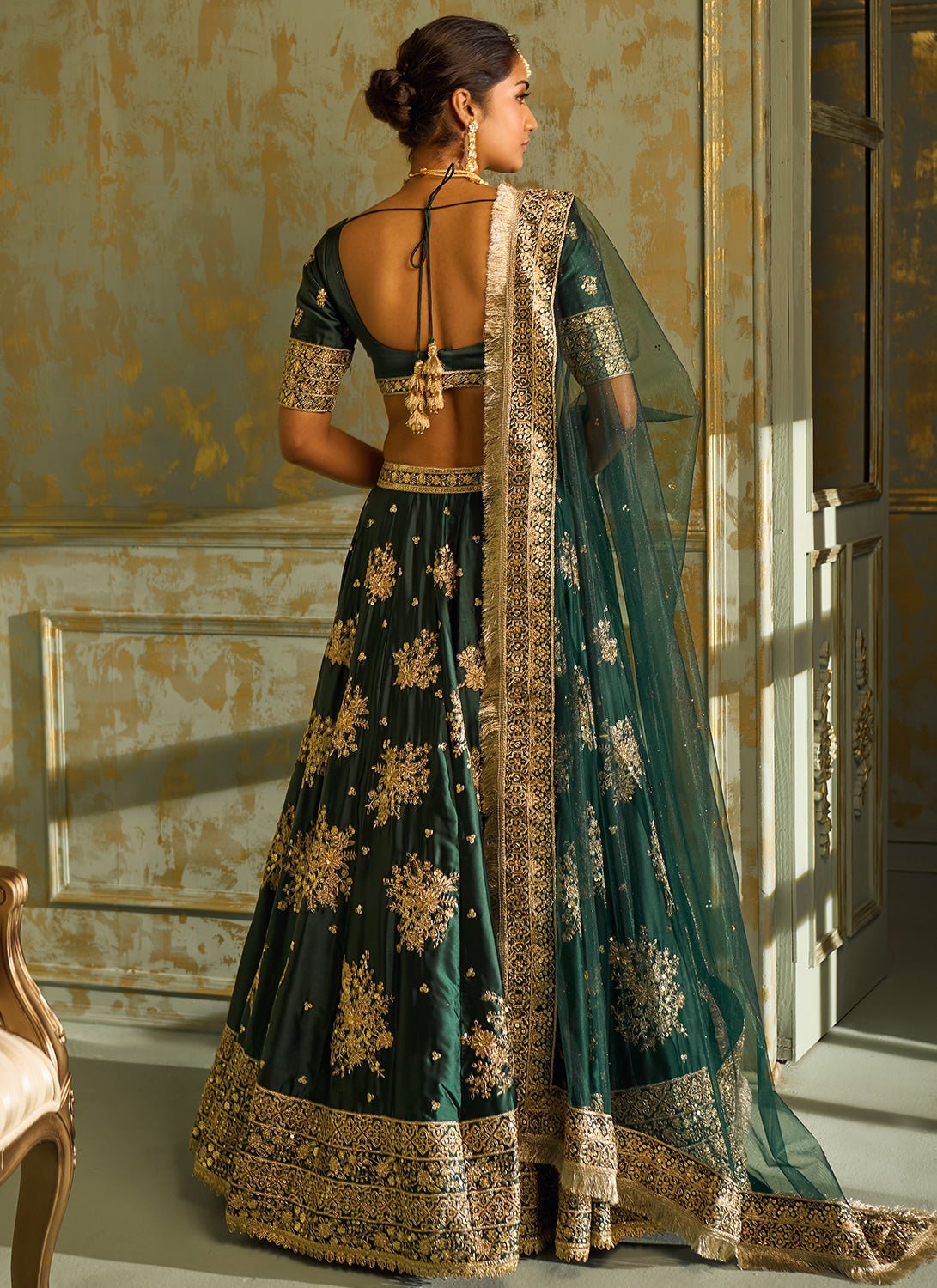 Dark Green Embroidered Lehenga - Lashkaraa