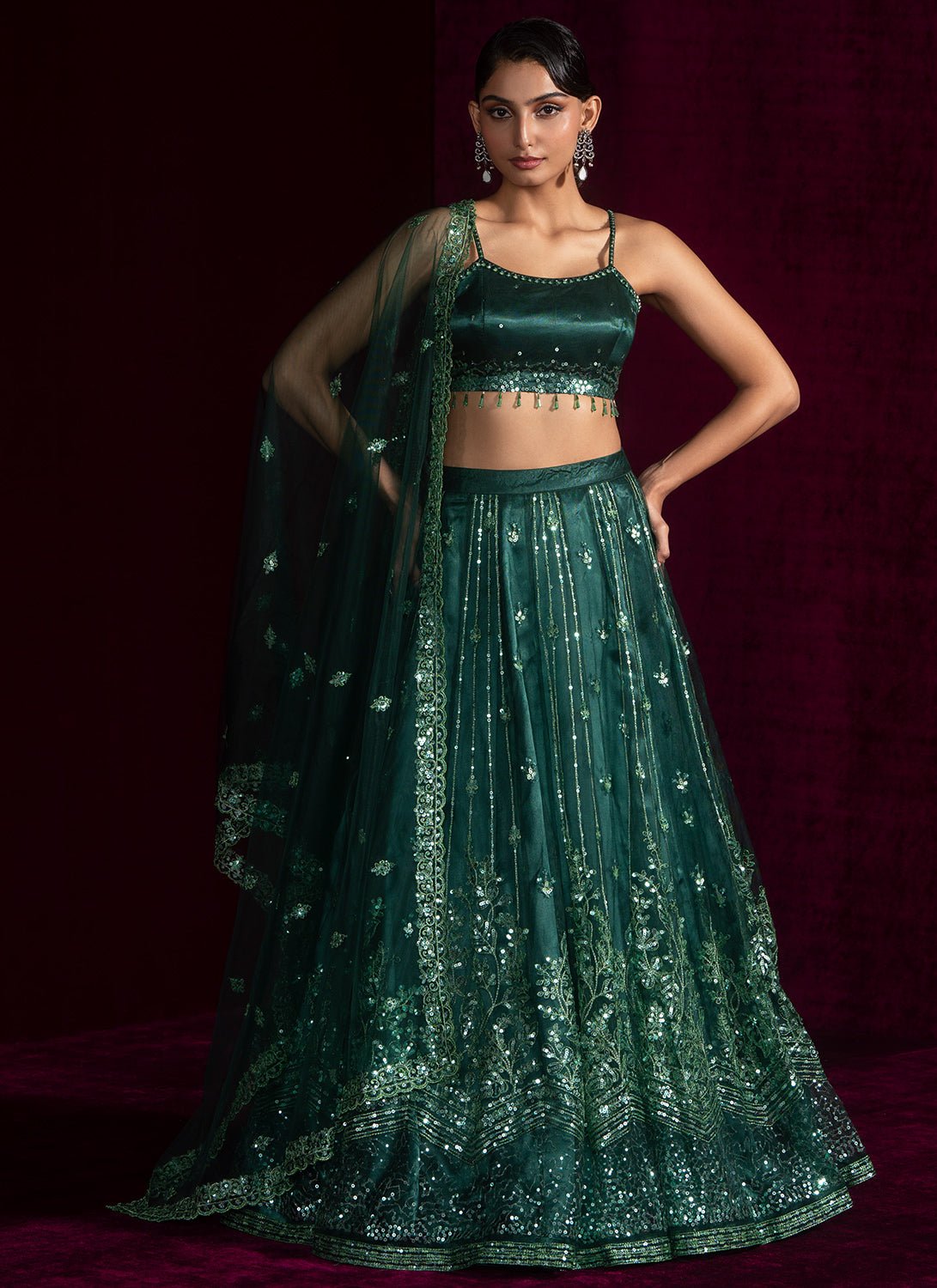 Dark Green Embroidered Net Lehenga - Lashkaraa