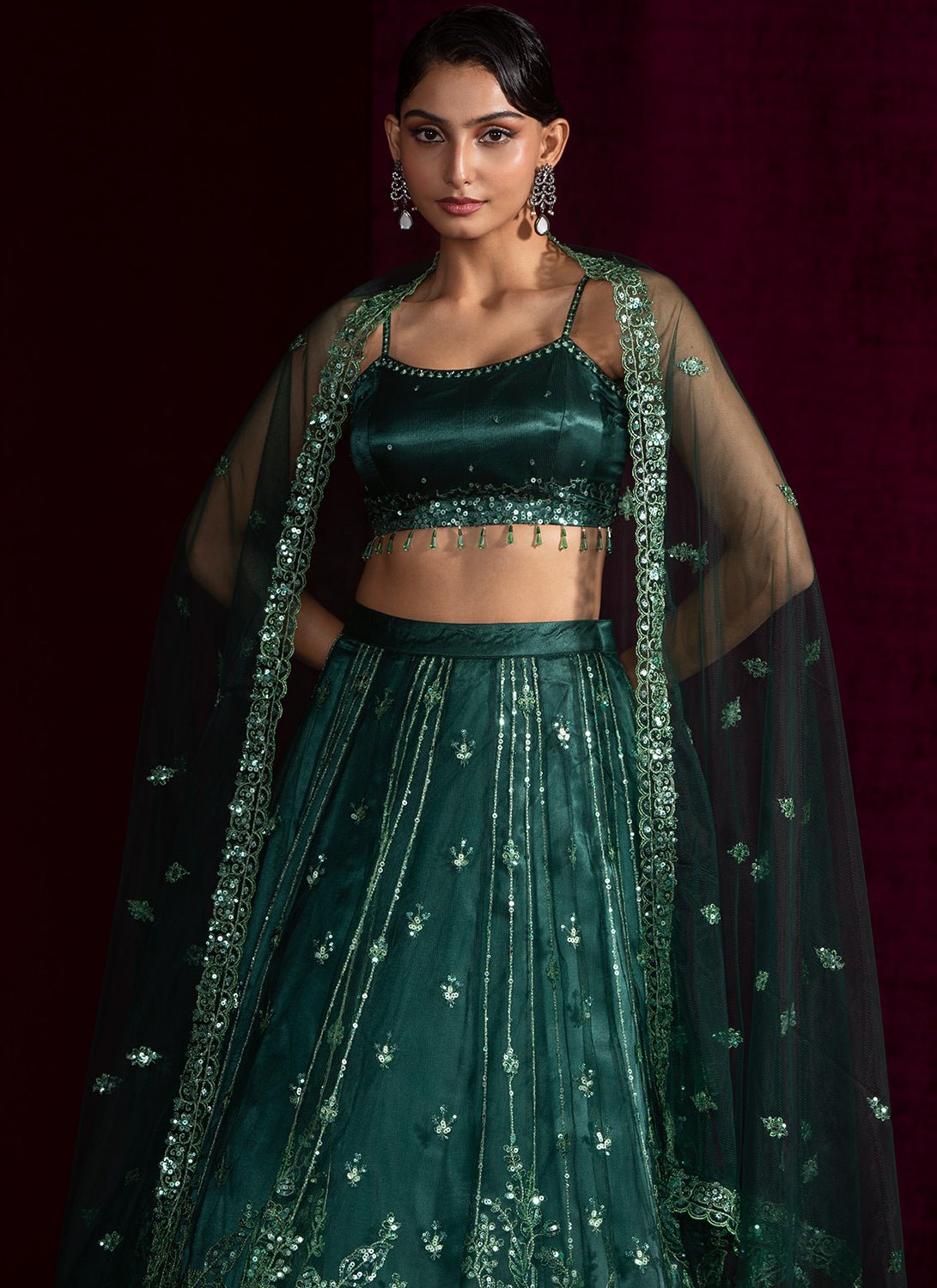 Dark Green Embroidered Net Lehenga - Lashkaraa