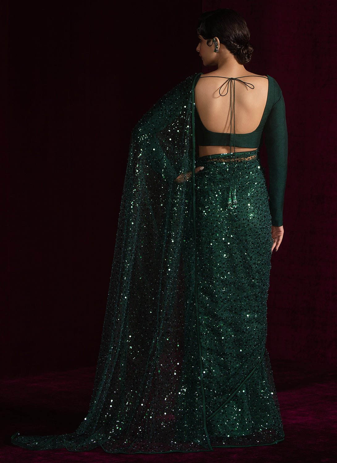 Dark Green Embroidered Net Saree - Lashkaraa