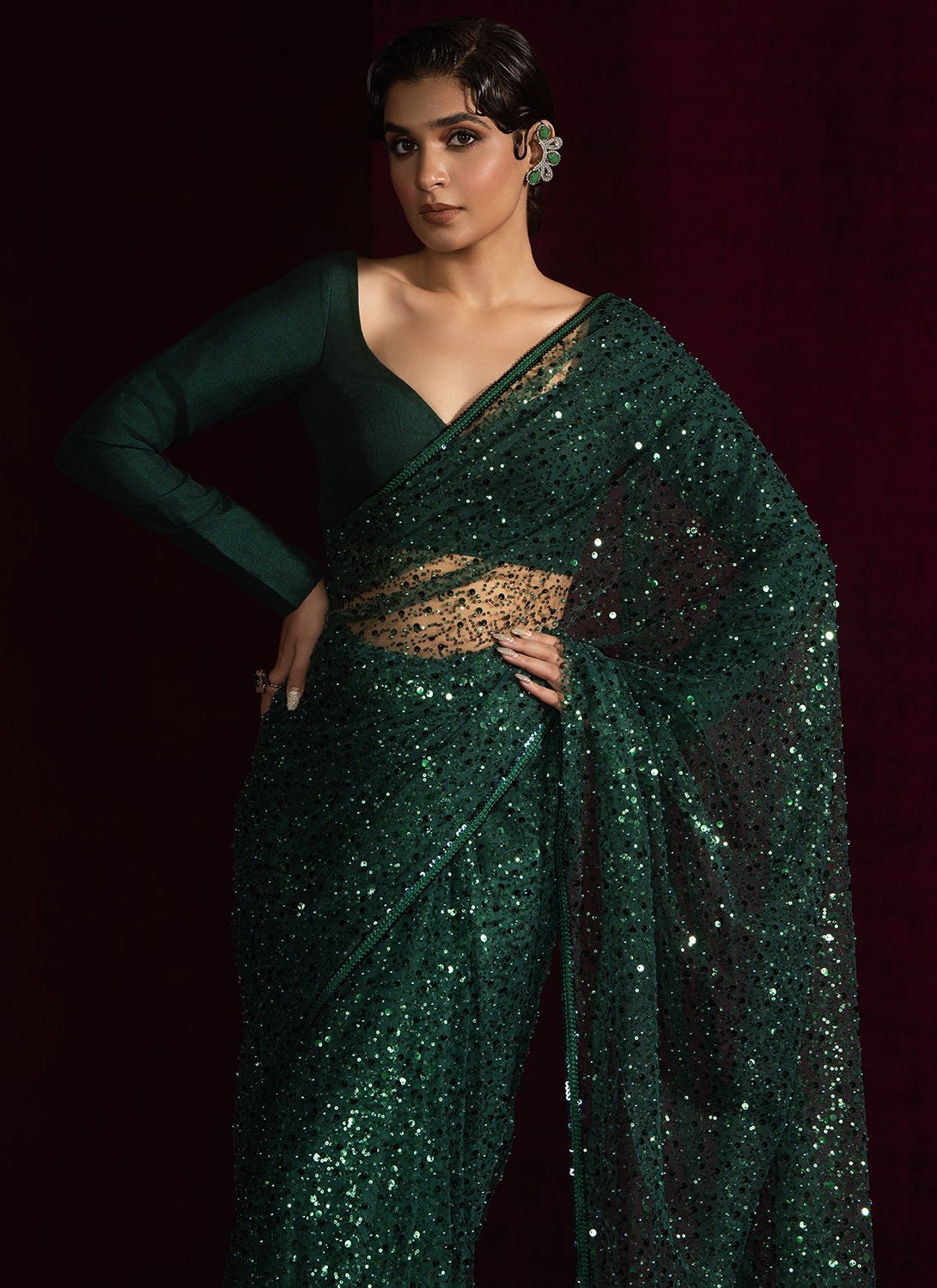 Dark Green Embroidered Net Saree - Lashkaraa