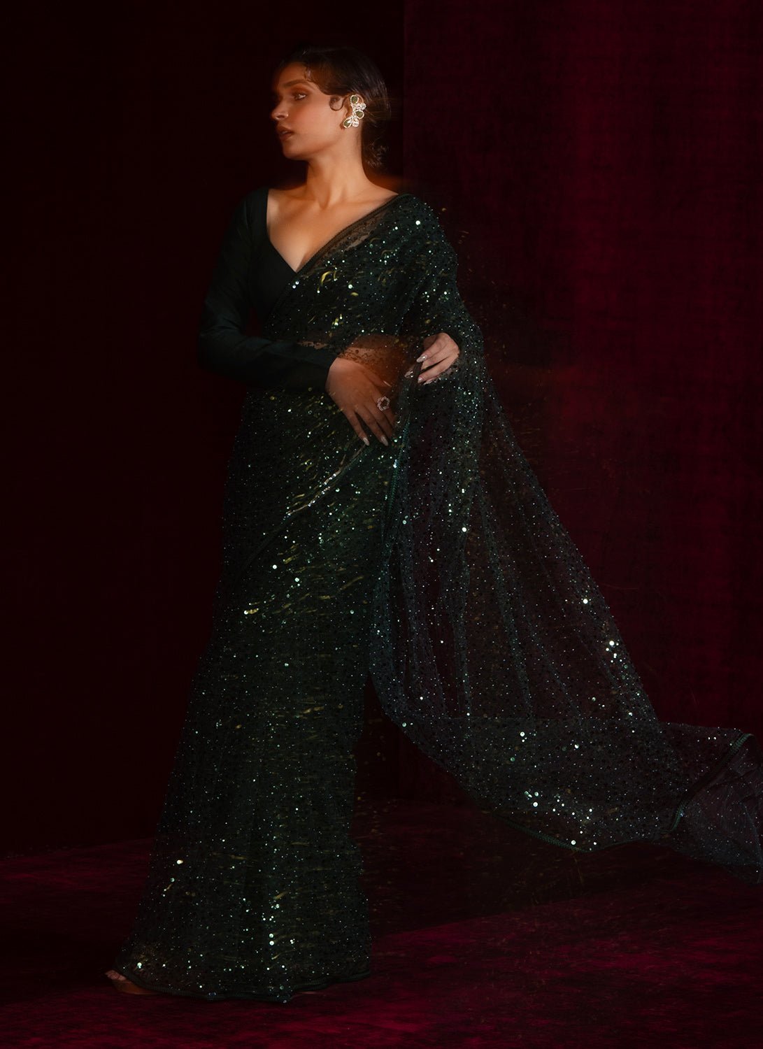 Dark Green Embroidered Net Saree - Lashkaraa