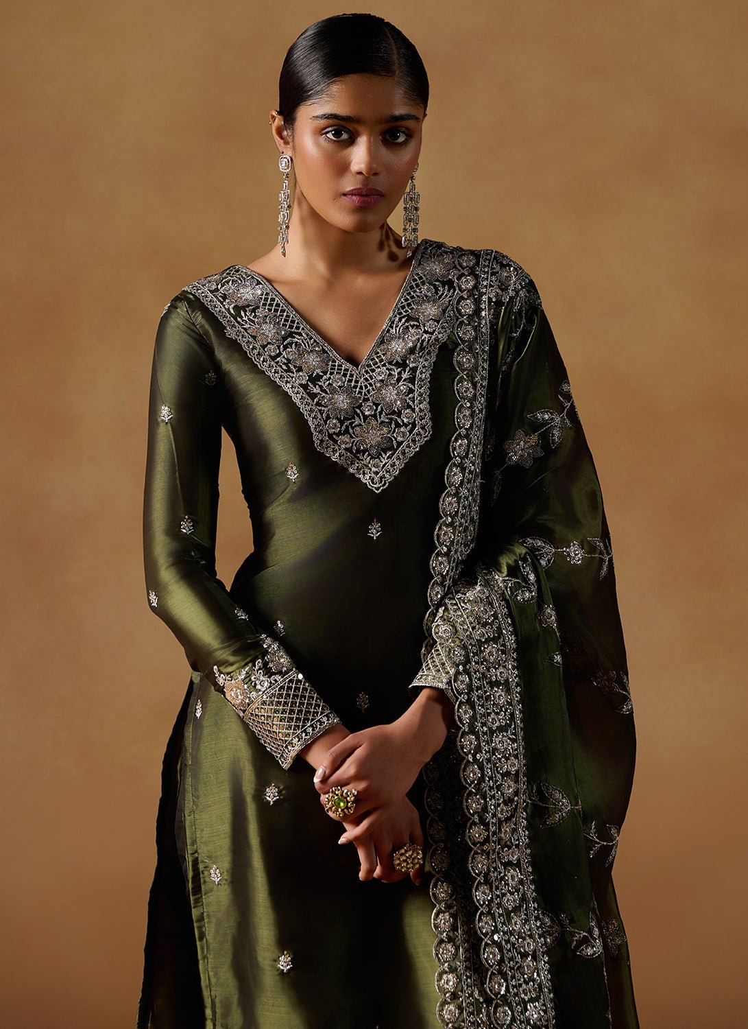 Dark Green Embroidered Tissue Straight Suit - Lashkaraa